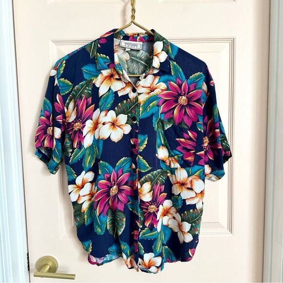 Impressions Blue and Pink Casual Button Down Hawaiian Shirt - Picture 1 of 5